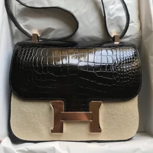 Hermès Constance 24 Noir (Black) Alligator Mississippi Lisse Rose Gold Hardware RGHW
