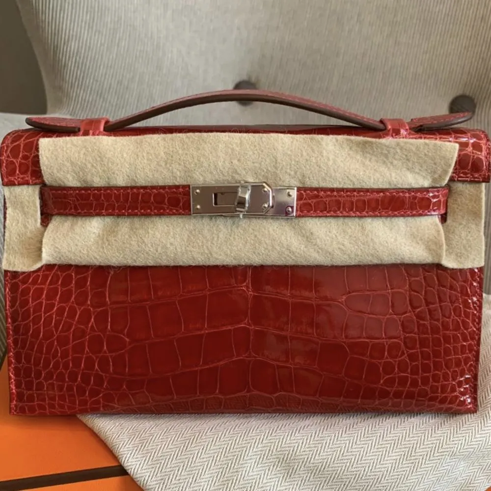 Hermès Kelly Pochette Braise Alligator Mississippi Lisse Palladium Hardware PHW