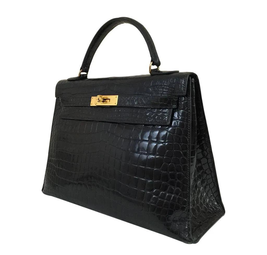 Hermès Porosus Crocodile Kelly 32 Black Bag
