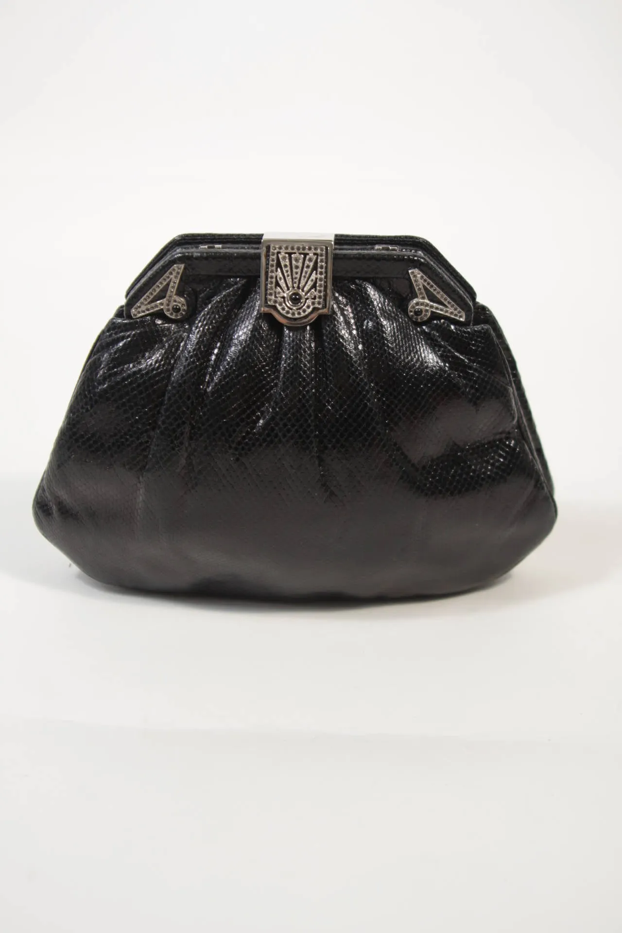 JUDITH LEIBER Black Lizard Clutch with Rhinestone Encrusted Clasp