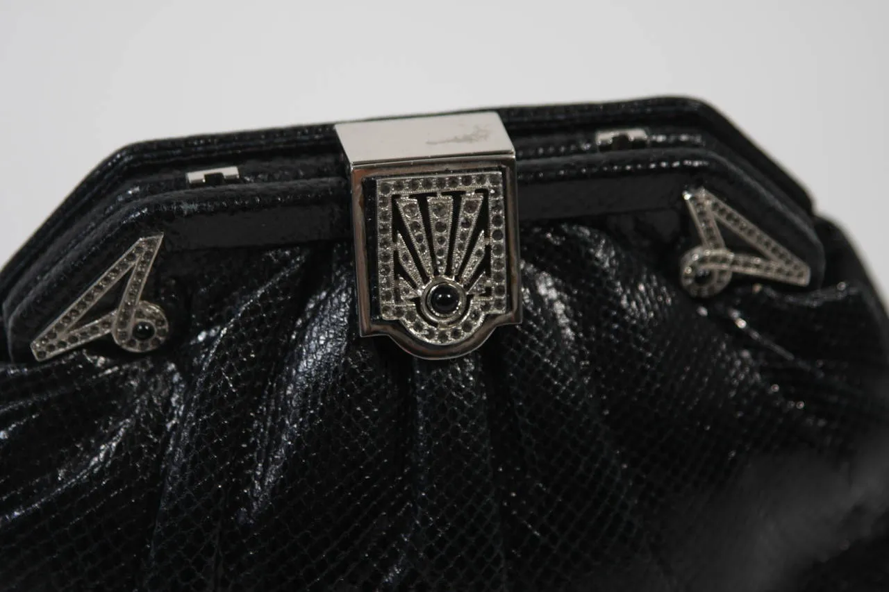 JUDITH LEIBER Black Lizard Clutch with Rhinestone Encrusted Clasp