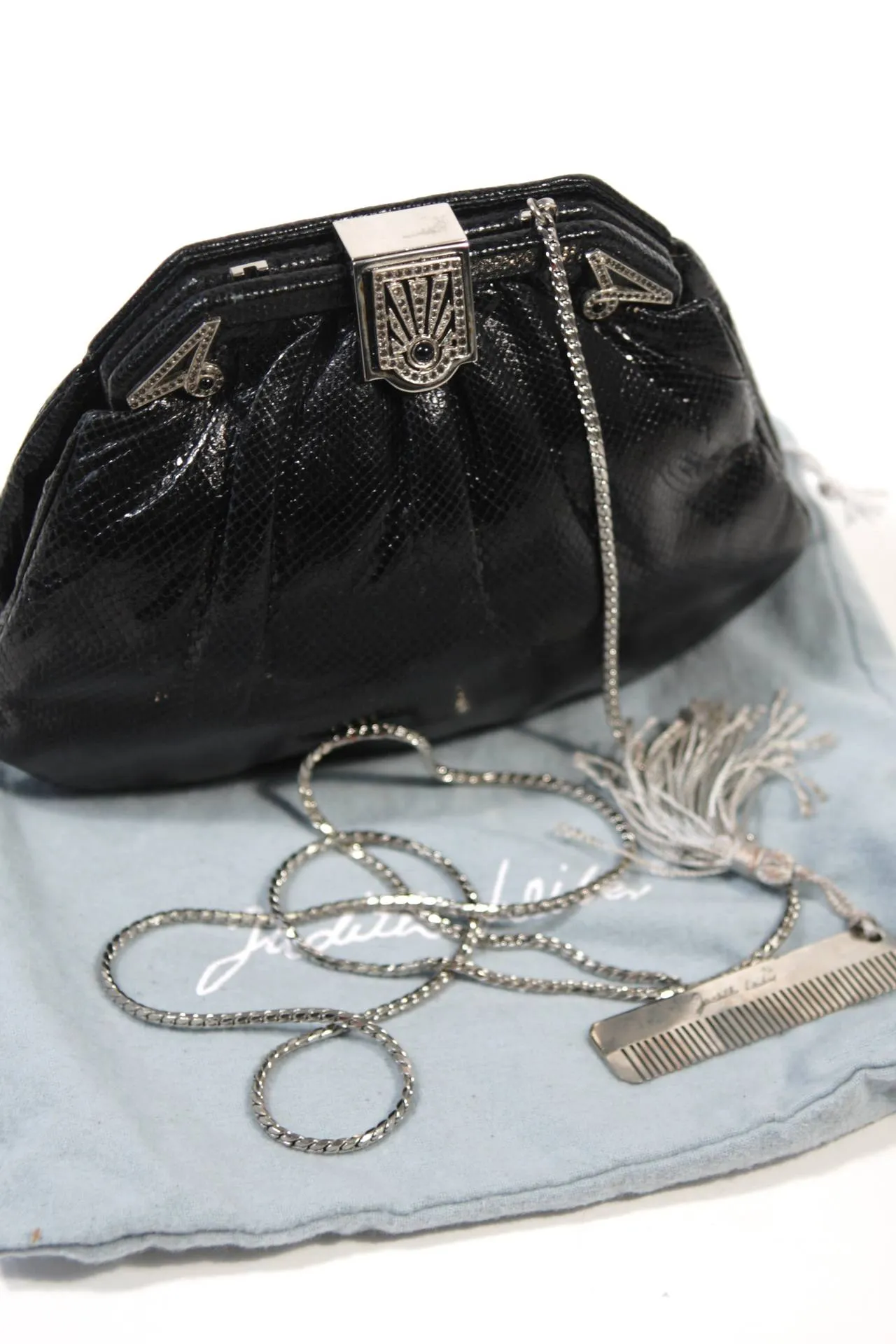 JUDITH LEIBER Black Lizard Clutch with Rhinestone Encrusted Clasp