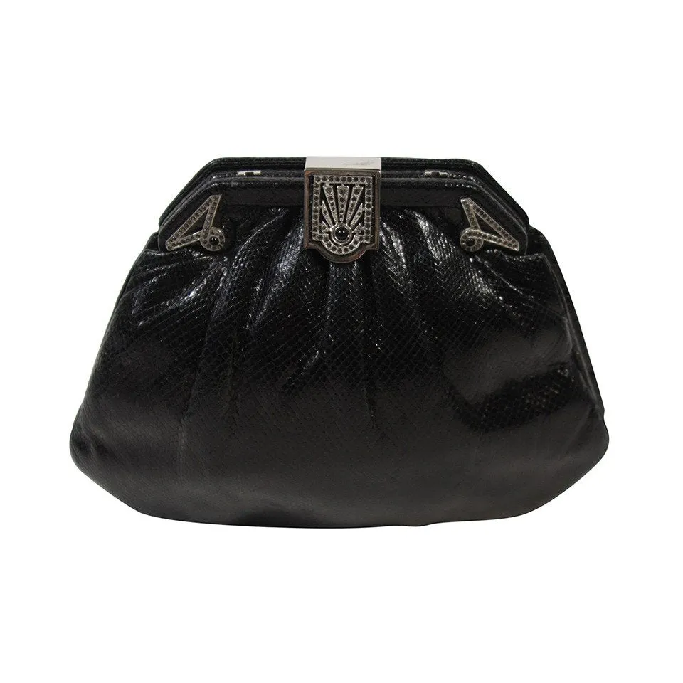 JUDITH LEIBER Black Lizard Clutch with Rhinestone Encrusted Clasp