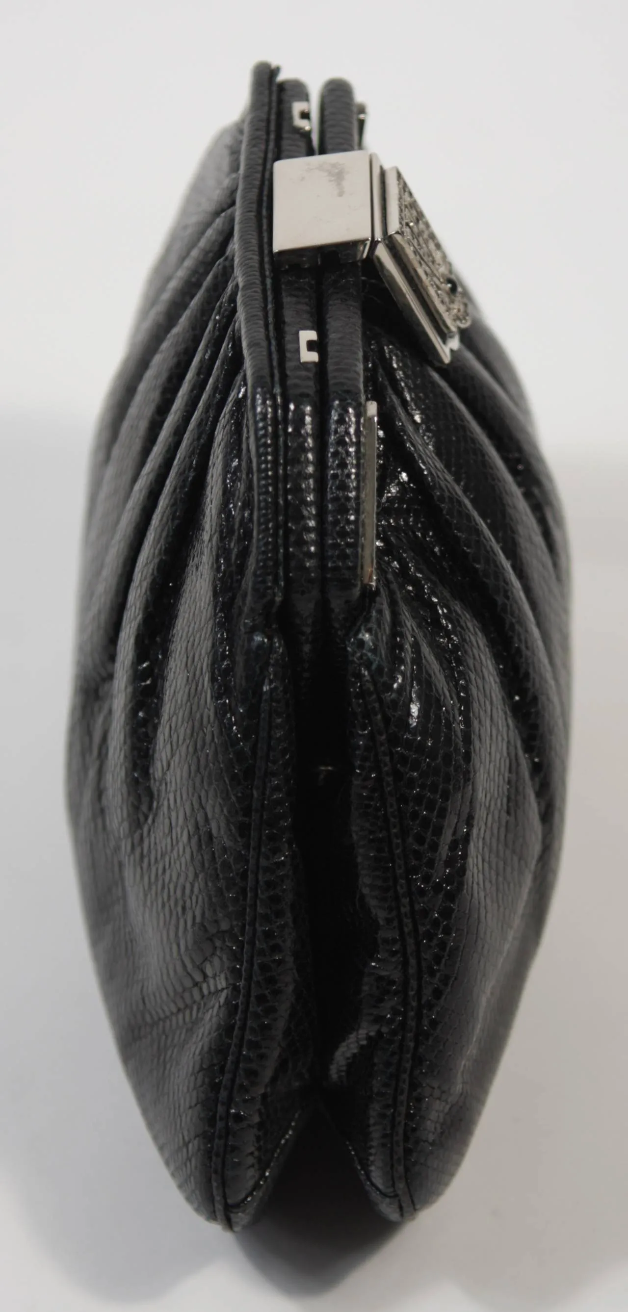 JUDITH LEIBER Black Lizard Clutch with Rhinestone Encrusted Clasp