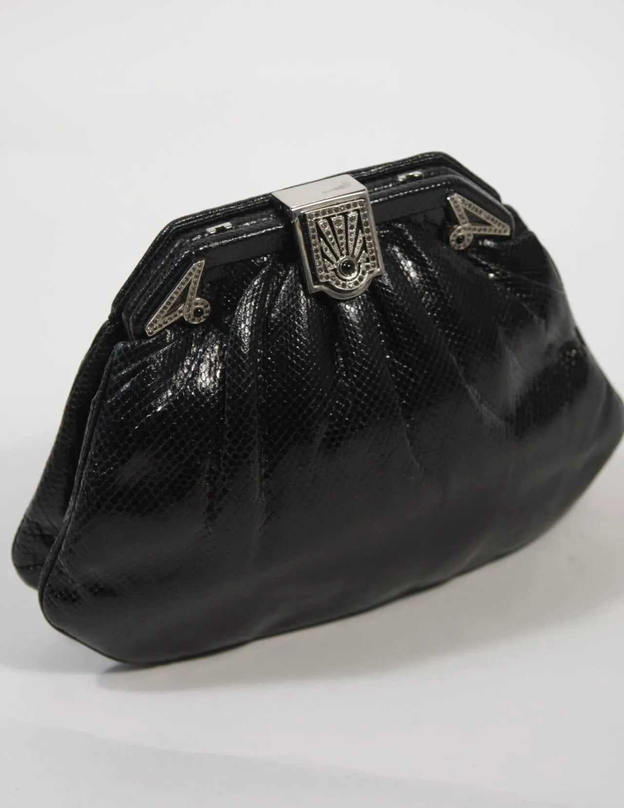 JUDITH LEIBER Black Lizard Clutch with Rhinestone Encrusted Clasp