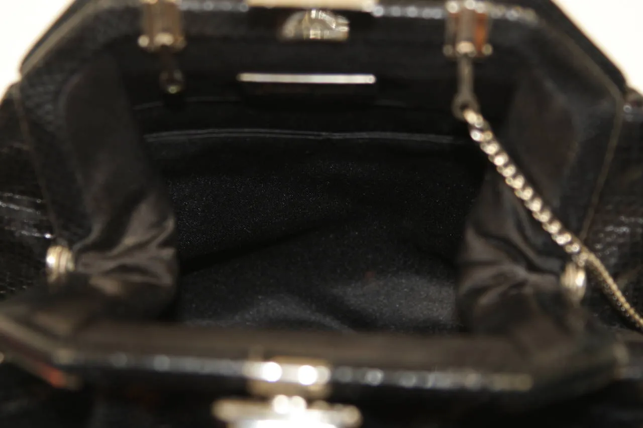 JUDITH LEIBER Black Lizard Clutch with Rhinestone Encrusted Clasp