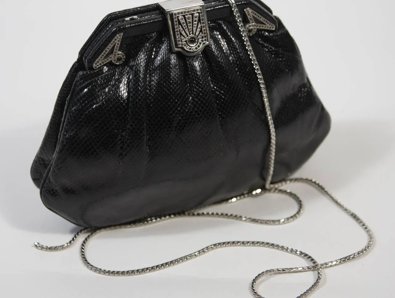 JUDITH LEIBER Black Lizard Clutch with Rhinestone Encrusted Clasp