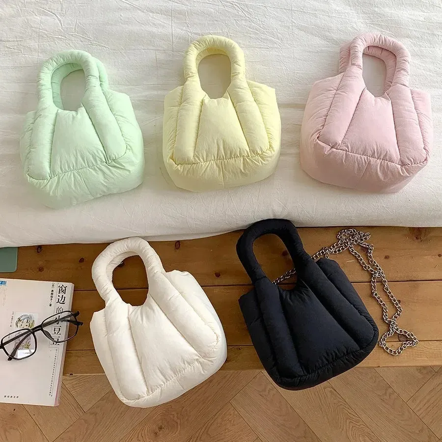 Kawaii Cozy Nylon Puff Tote 👜✨ | Mini Designer Handbag for Winter Fun ❄️💖 | Stylish Shoulder & Crossbody Bag with Chains