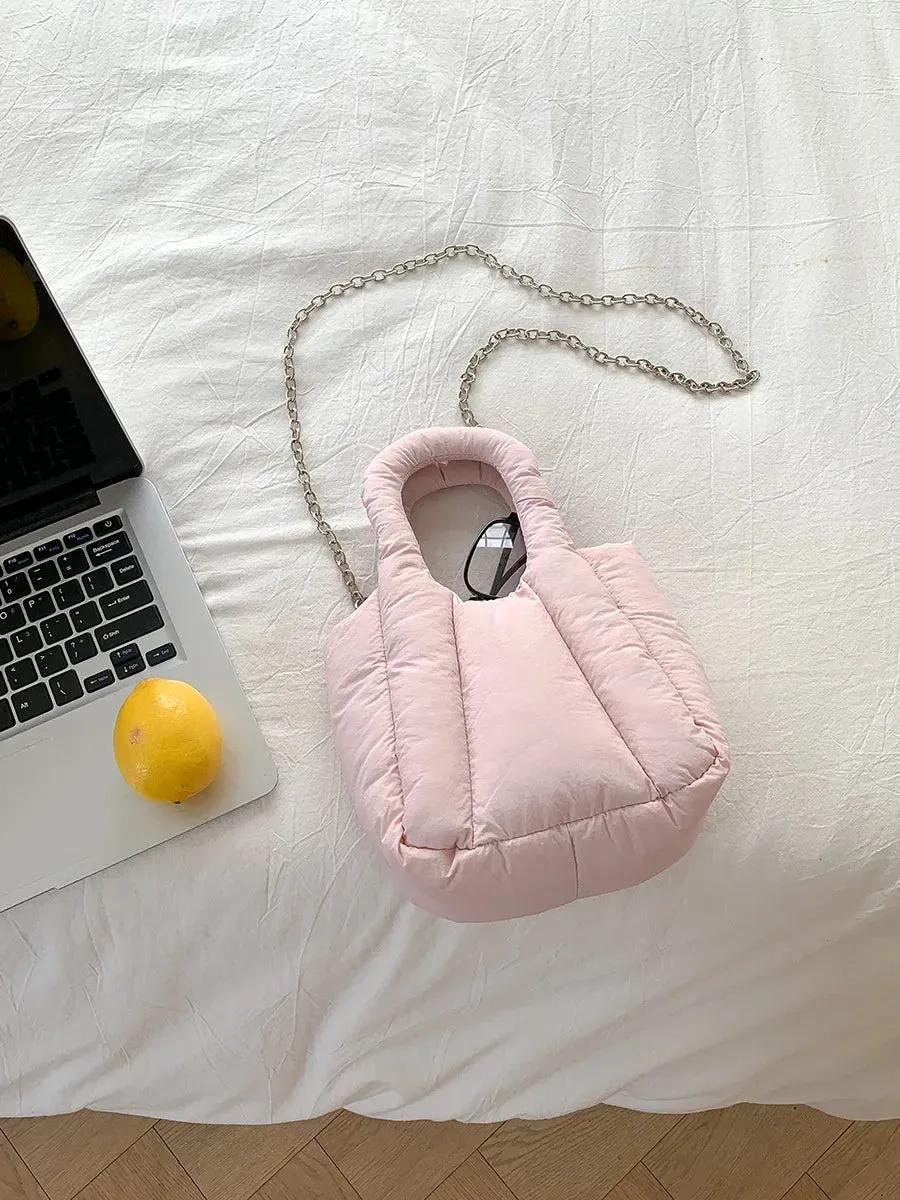 Kawaii Cozy Nylon Puff Tote 👜✨ | Mini Designer Handbag for Winter Fun ❄️💖 | Stylish Shoulder & Crossbody Bag with Chains