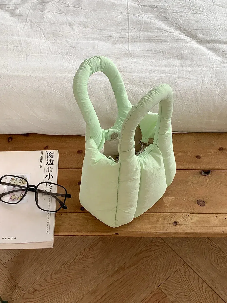 Kawaii Cozy Nylon Puff Tote 👜✨ | Mini Designer Handbag for Winter Fun ❄️💖 | Stylish Shoulder & Crossbody Bag with Chains