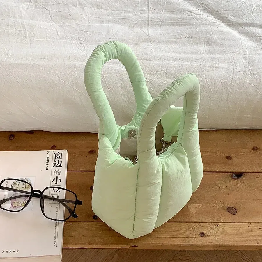 Kawaii Cozy Nylon Puff Tote 👜✨ | Mini Designer Handbag for Winter Fun ❄️💖 | Stylish Shoulder & Crossbody Bag with Chains
