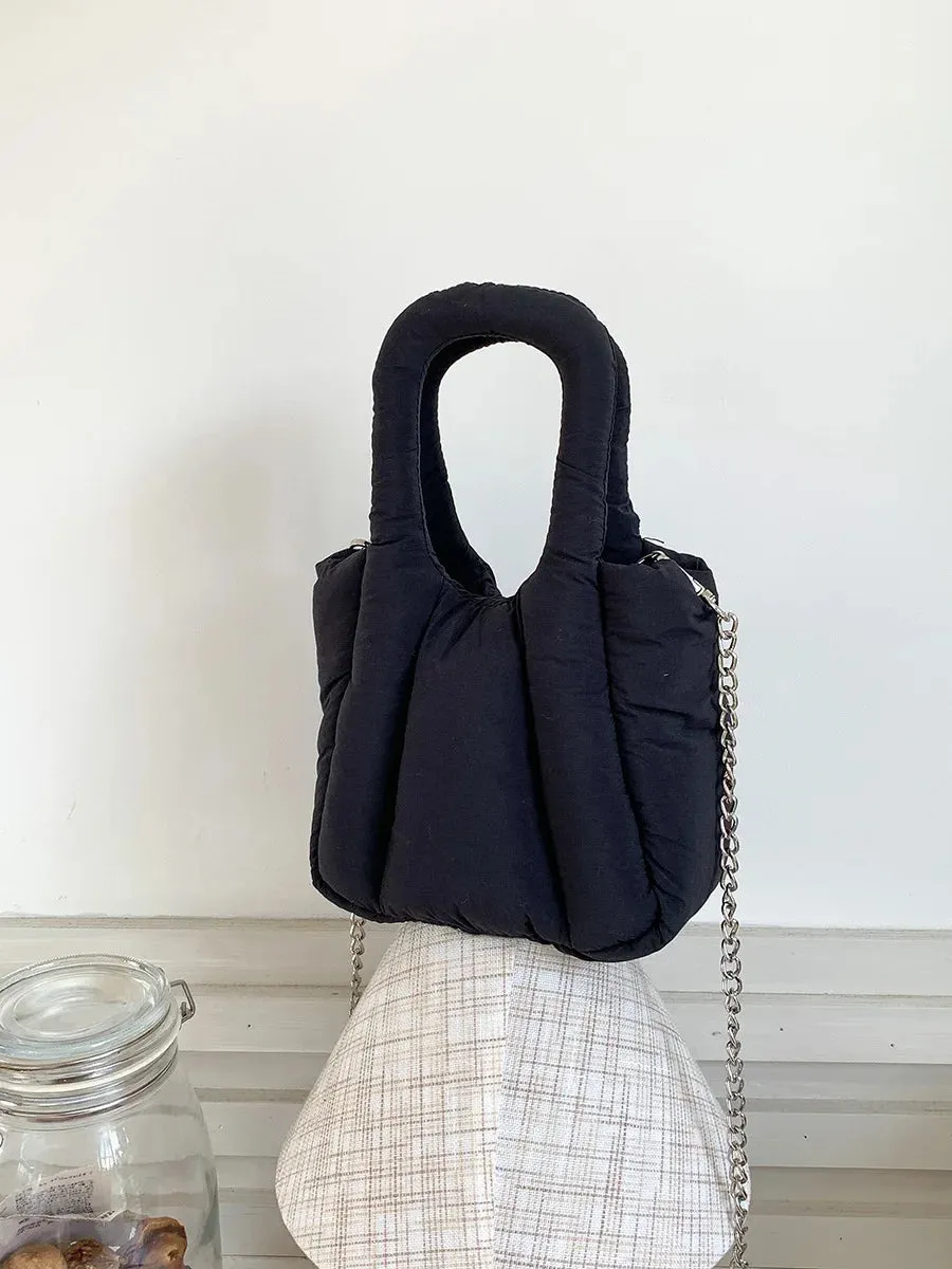 Kawaii Cozy Nylon Puff Tote 👜✨ | Mini Designer Handbag for Winter Fun ❄️💖 | Stylish Shoulder & Crossbody Bag with Chains