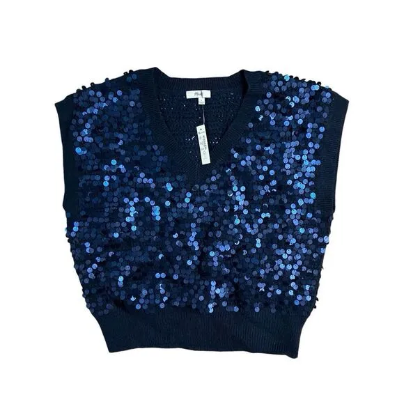MADEWELL Sweater Vest Womens S Blue Wool Blend Sequin Party Shiny Cap Sleeve