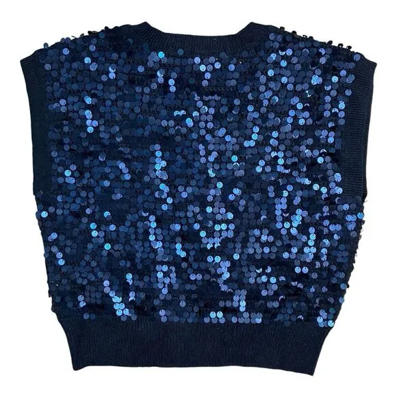 MADEWELL Sweater Vest Womens S Blue Wool Blend Sequin Party Shiny Cap Sleeve