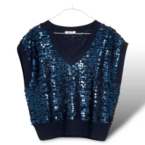MADEWELL Sweater Vest Womens S Blue Wool Blend Sequin Party Shiny Cap Sleeve
