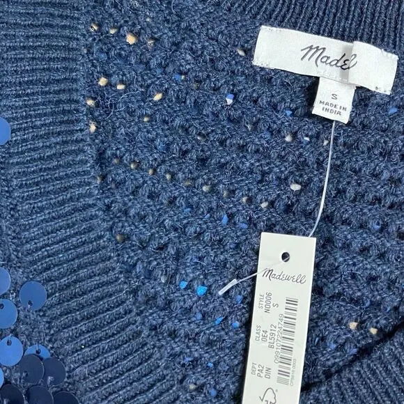 MADEWELL Sweater Vest Womens S Blue Wool Blend Sequin Party Shiny Cap Sleeve