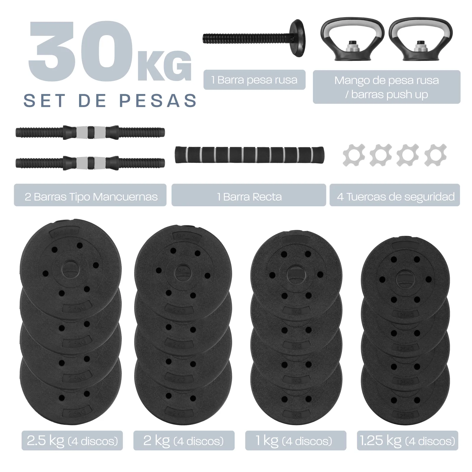 Mancuernas Ajustables 30kg Altera Set Discos Barra Pesa Rusa