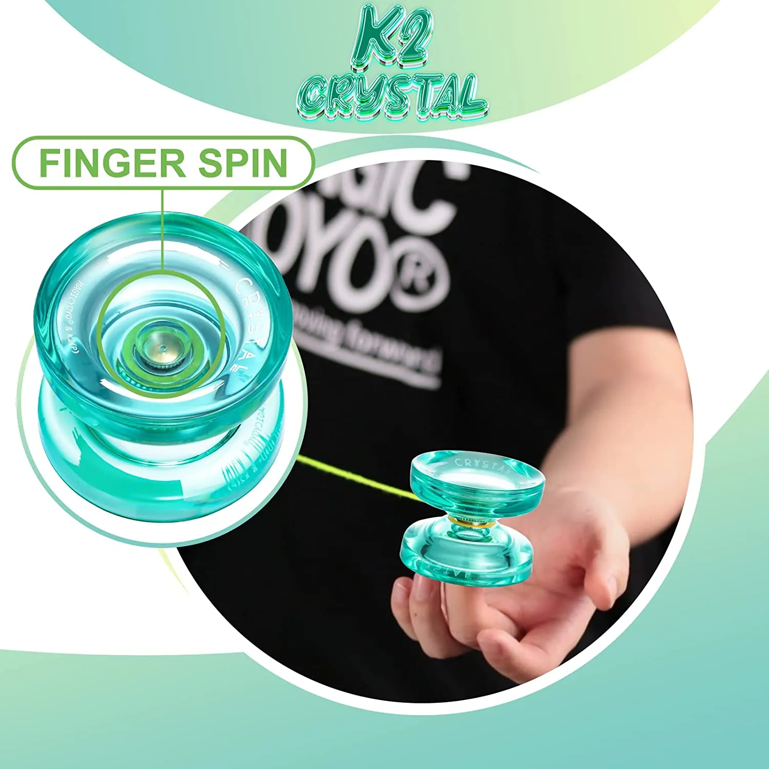 New MAGICYOYO Responsive Yoyo for Kids K2 Plus Crystal, Dual Purpose Yo-yo for Beginner, Replacement Unresponsive Bearing for Intermediate Advanced, with 5 Yoyo Strings, Bag, Bearing Remover (Green)