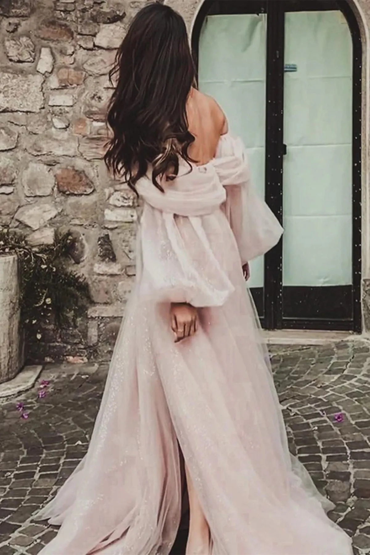 Off Shoulder Dusty Pink Tulle Long Prom Dress with High Slit, Shiny Dusty Pink Formal Graduation Evening Dress A1806