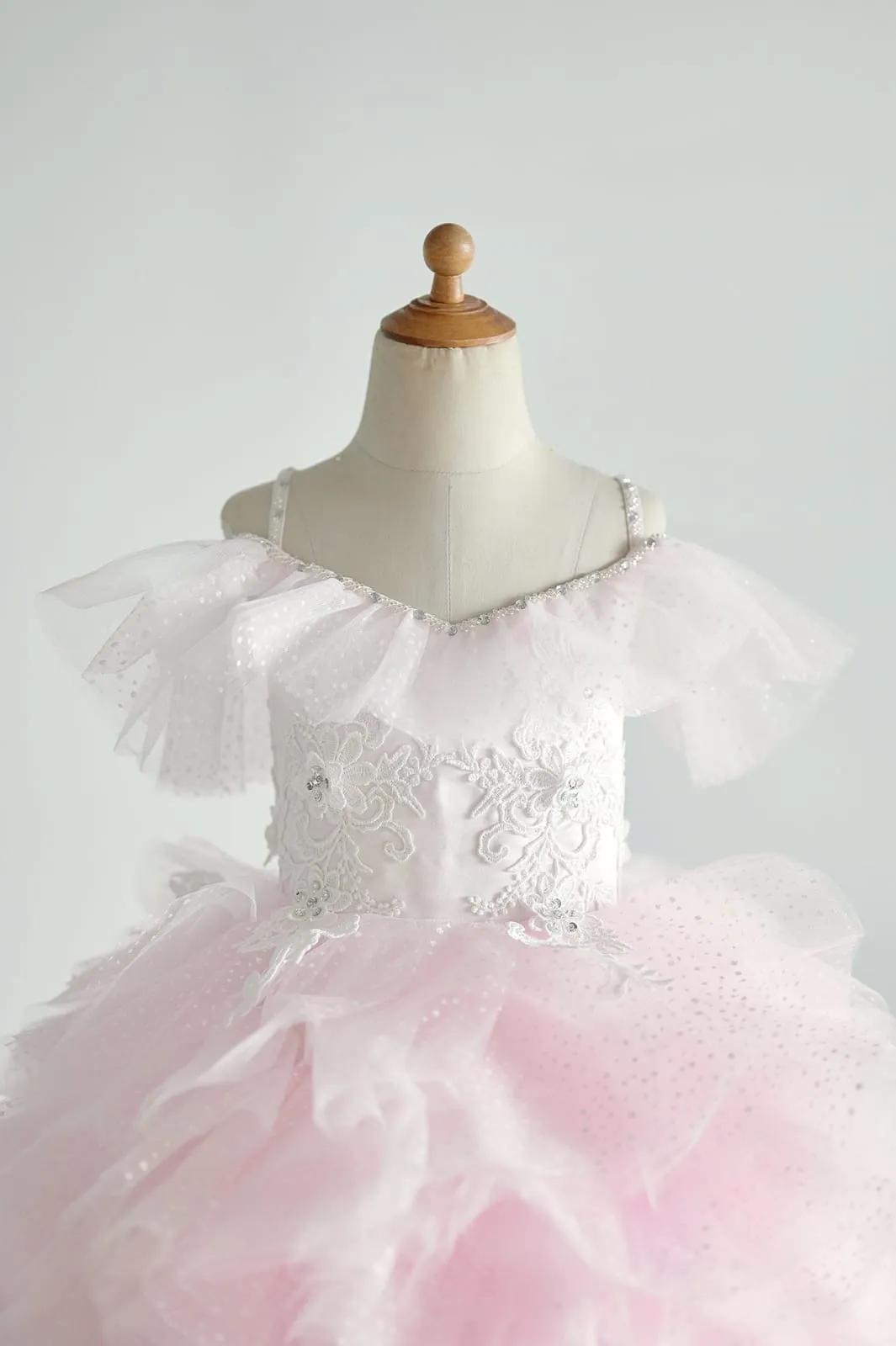 Off Shoulder Pink Polka Dot Lace Tulle Ball Gown Wedding Flower Girl Dress