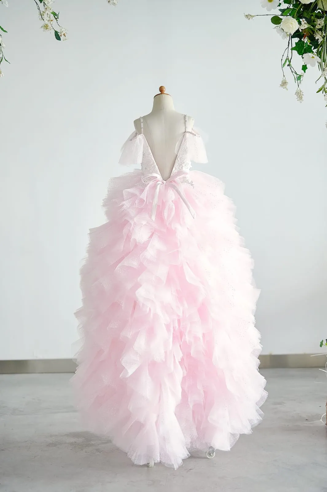 Off Shoulder Pink Polka Dot Lace Tulle Ball Gown Wedding Flower Girl Dress