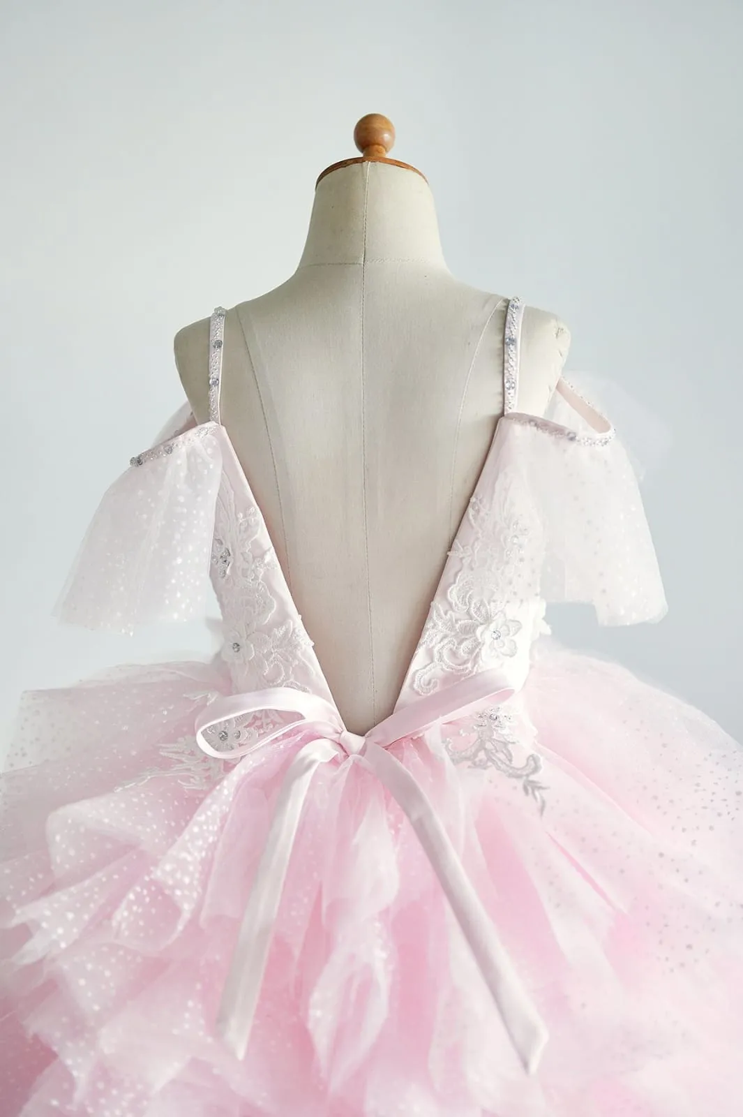 Off Shoulder Pink Polka Dot Lace Tulle Ball Gown Wedding Flower Girl Dress