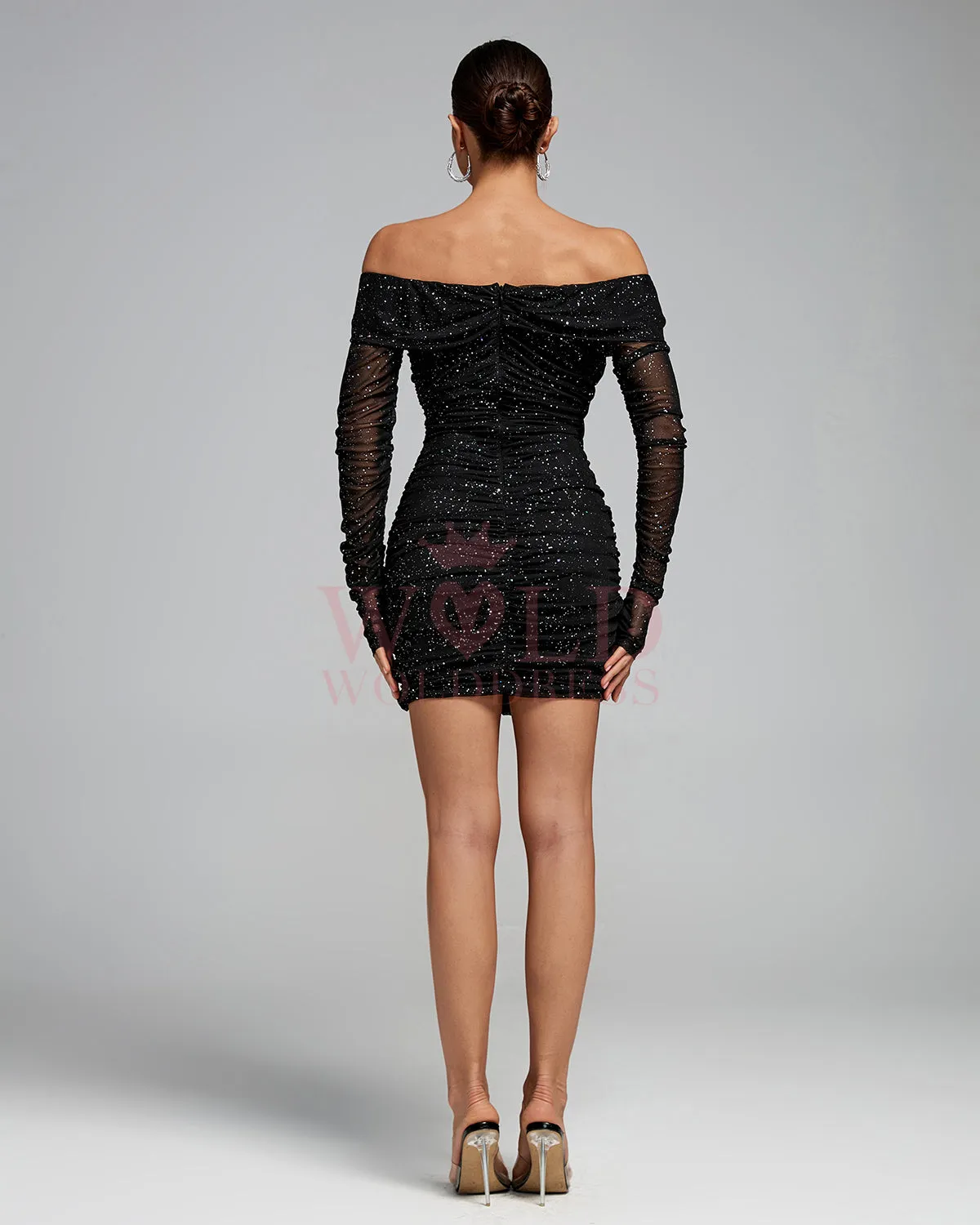 Off Shoulder Shiny Mesh Ruched Dress