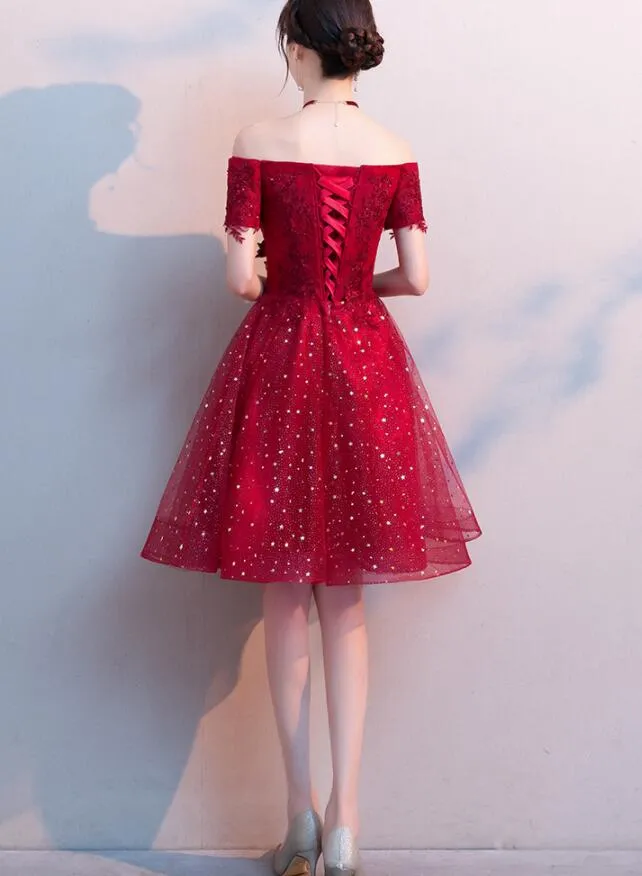 Red Shiny Tulle and Satin Off Shoulder Short Homecoming Dress, Red Prom Dress