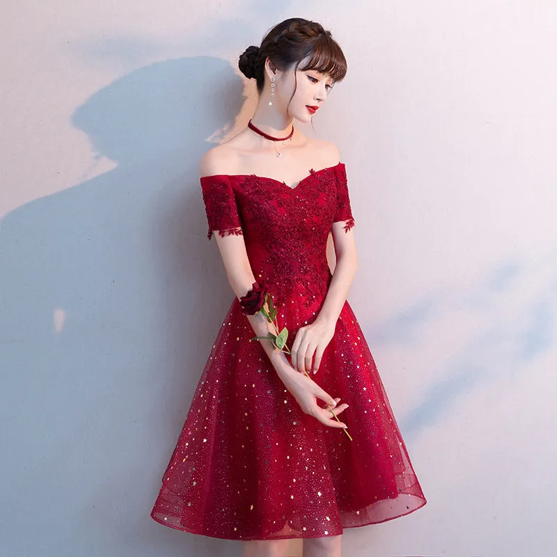 Red Shiny Tulle and Satin Off Shoulder Short Homecoming Dress, Red Prom Dress