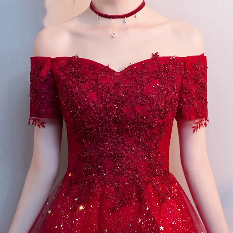 Red Shiny Tulle and Satin Off Shoulder Short Homecoming Dress, Red Prom Dress