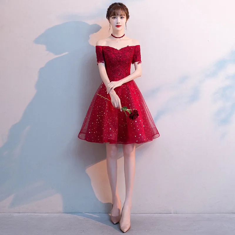 Red Shiny Tulle and Satin Off Shoulder Short Homecoming Dress, Red Prom Dress