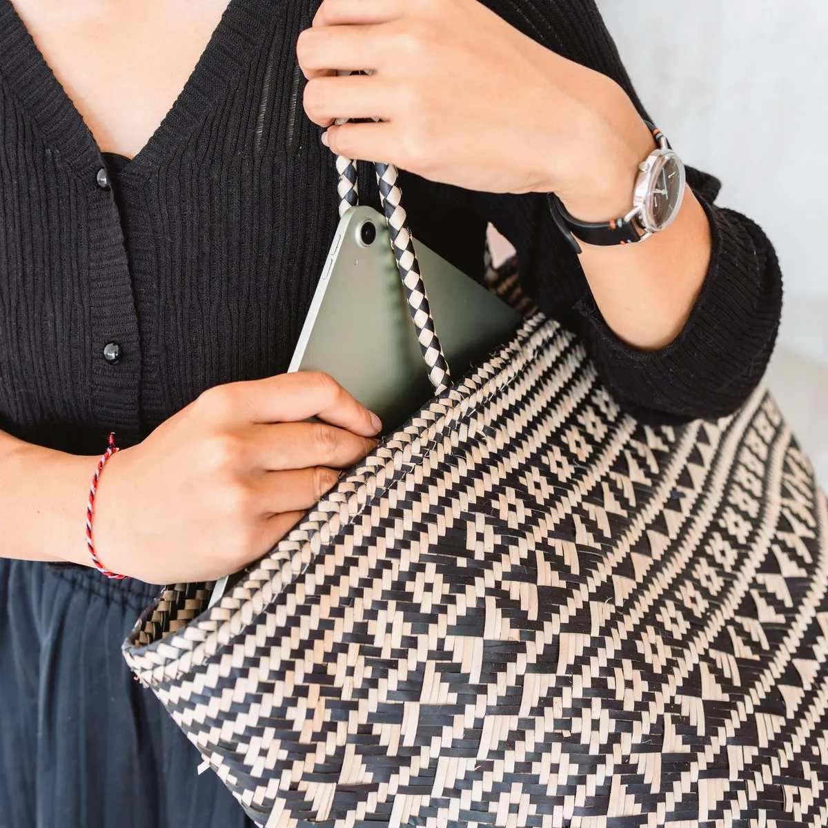 Rootz  Boho Tote Bag – Seagrass Summer Bag – Shoulder Beach Bag – Woven Natural Bag – Large Boho Shopping Bag KIDUL (black)