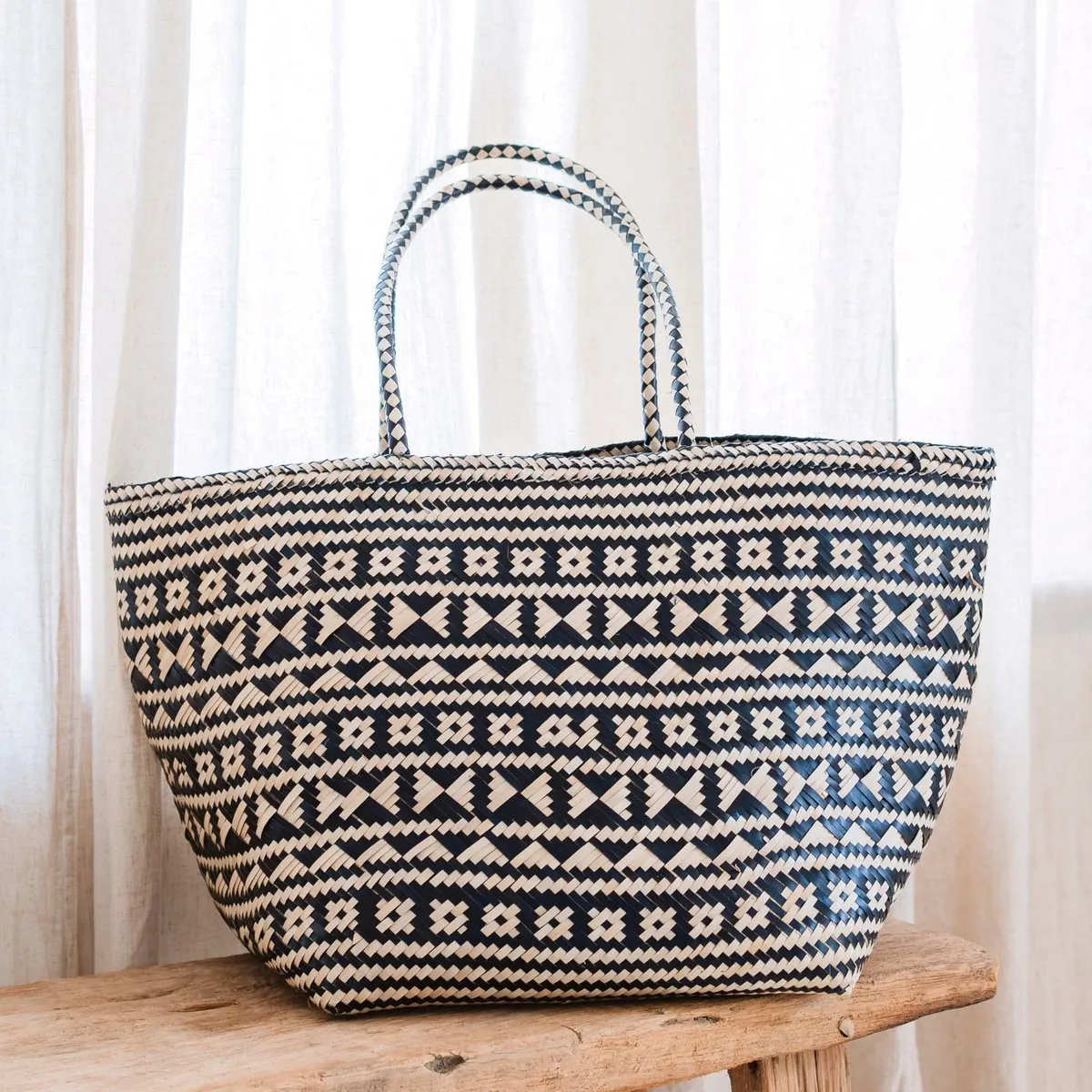 Rootz  Boho Tote Bag – Seagrass Summer Bag – Shoulder Beach Bag – Woven Natural Bag – Large Boho Shopping Bag KIDUL (black)