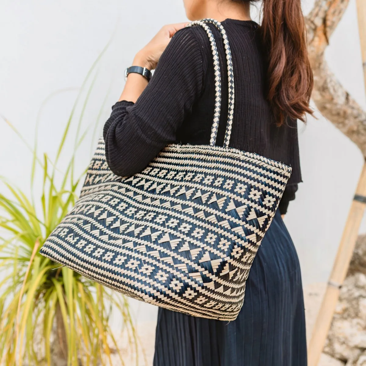 Rootz  Boho Tote Bag – Seagrass Summer Bag – Shoulder Beach Bag – Woven Natural Bag – Large Boho Shopping Bag KIDUL (black)