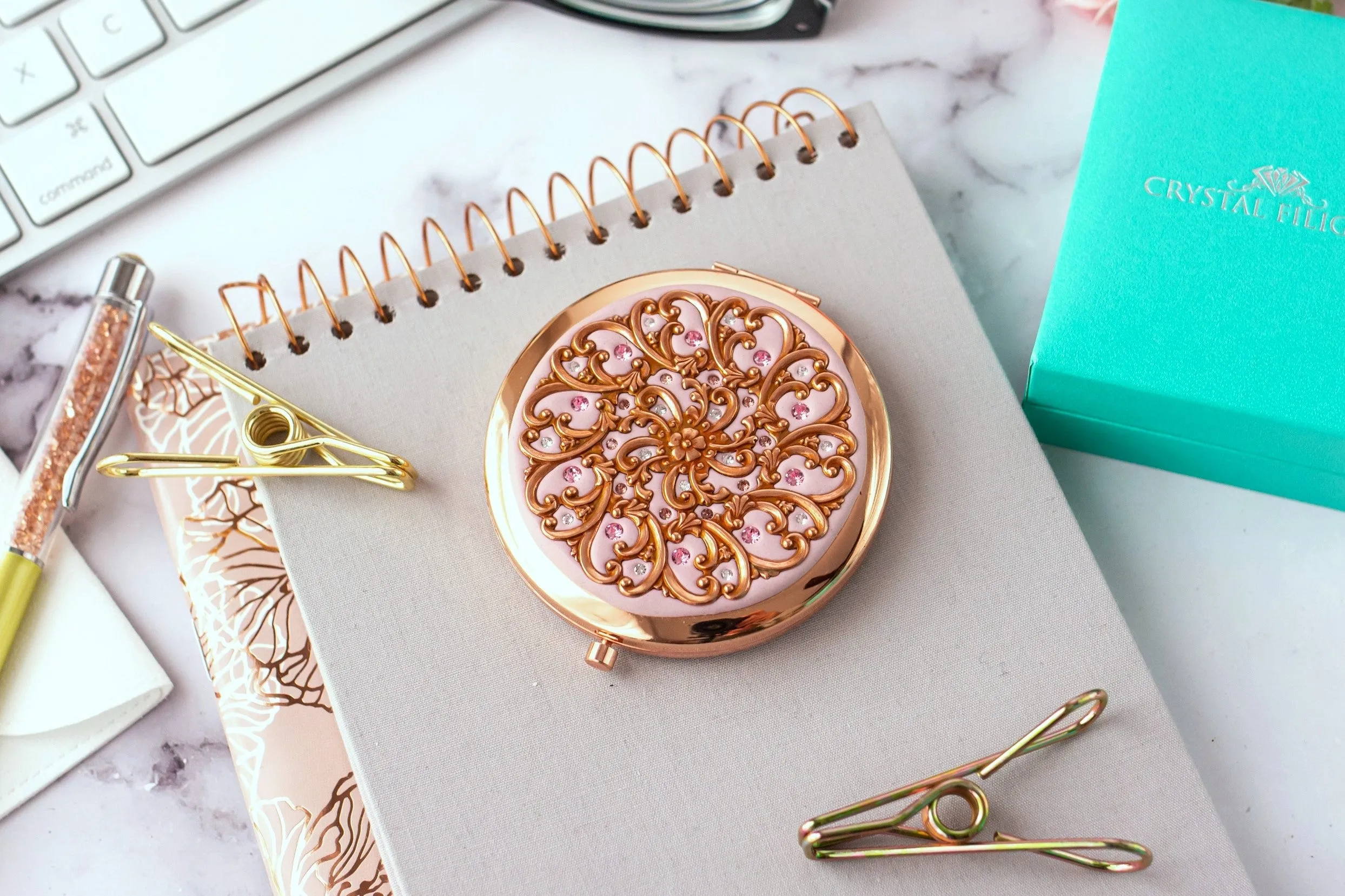 Rose Gold Filigree Compact Mirror