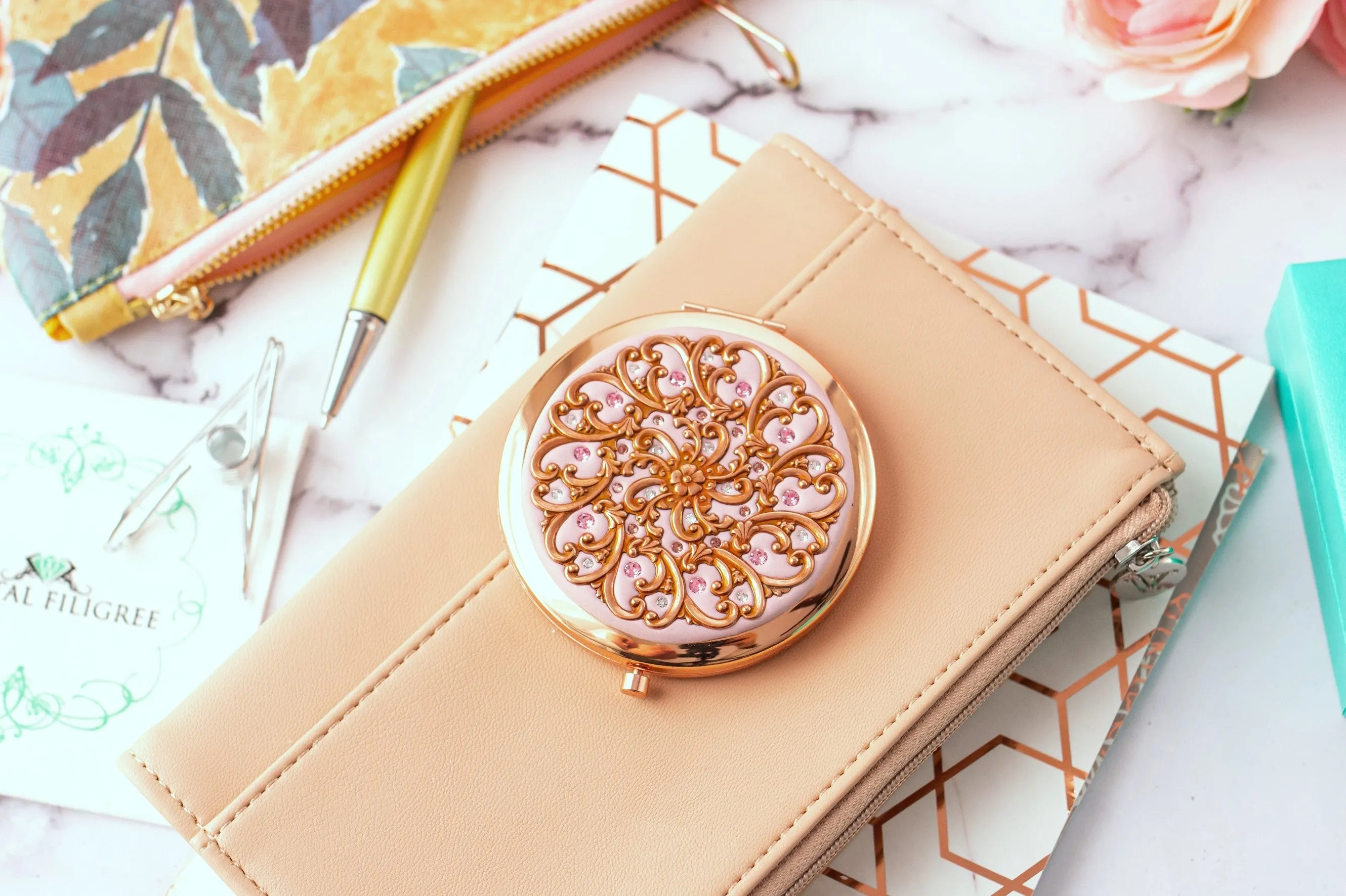 Rose Gold Filigree Compact Mirror