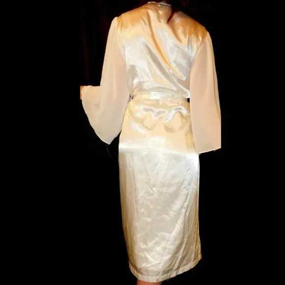 Roudelan Shiny Off-White Full Satin Robe Lingerie Nightgown w/ Beads, Sz Medium