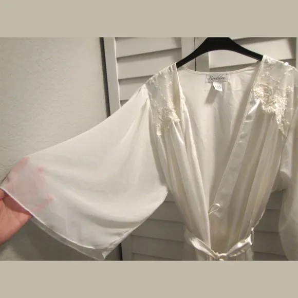 Roudelan Shiny Off-White Full Satin Robe Lingerie Nightgown w/ Beads, Sz Medium