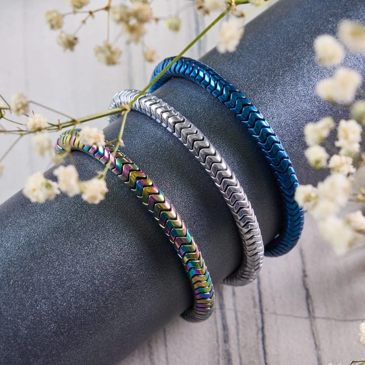 Serpentine | Cobalt Hematite x Gunmetal | Double Wave Bracelet
