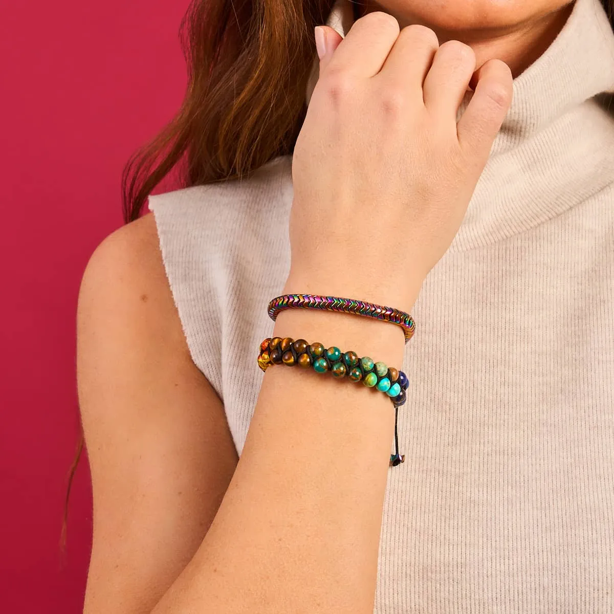 Serpentine | Rainbow Hematite x Unicorn Silver | Double Wave Bracelet