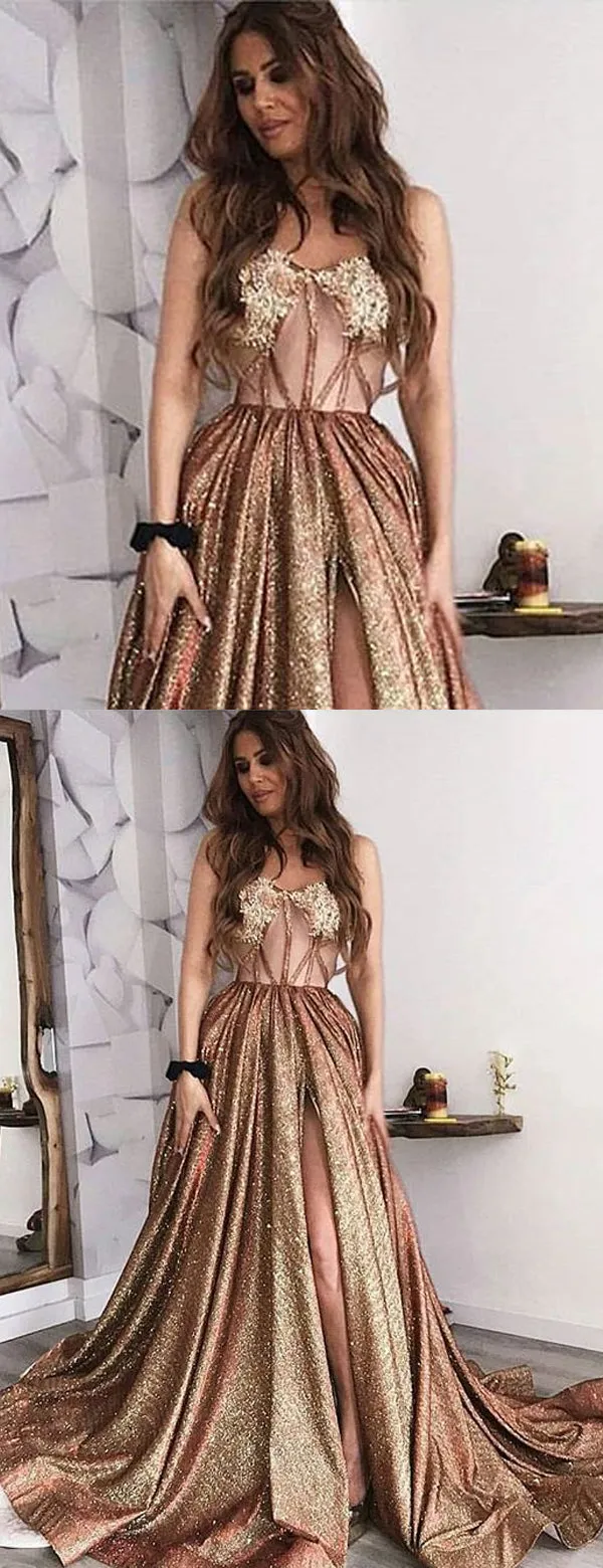 Shiny Sequin Satin Illusion Applique Sweetheart Strapless Prom Dresses,PD00176