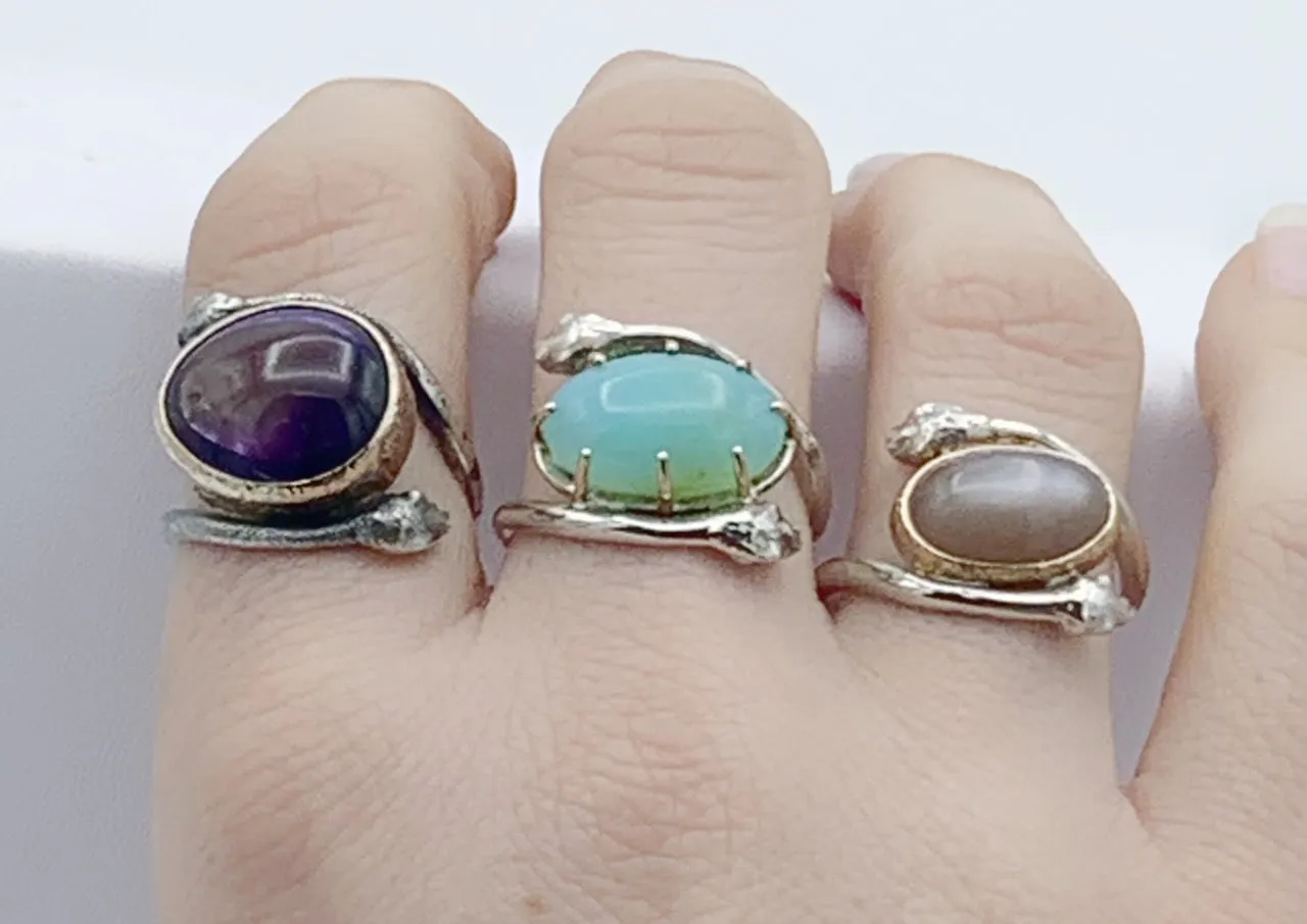 Sterling Silver and 14K Gold Pink Moonstone Snake Ring