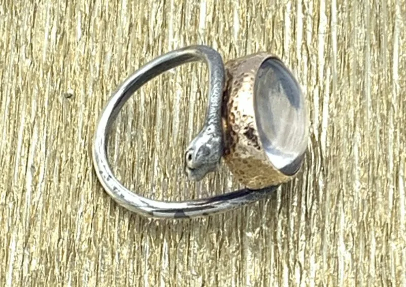 Sterling Silver and 14K Gold Pink Moonstone Snake Ring