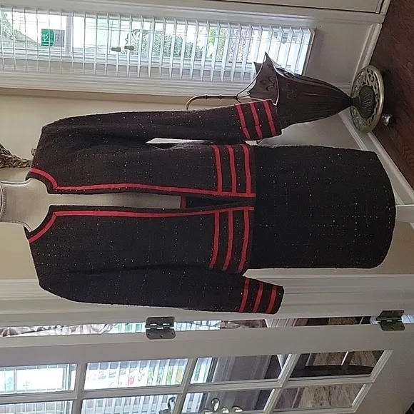 Tara Ryan brown black red textured skirt set red grosgrain ribbon trim 10 EUC