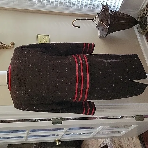 Tara Ryan brown black red textured skirt set red grosgrain ribbon trim 10 EUC