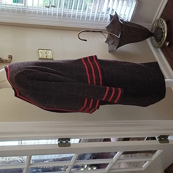 Tara Ryan brown black red textured skirt set red grosgrain ribbon trim 10 EUC