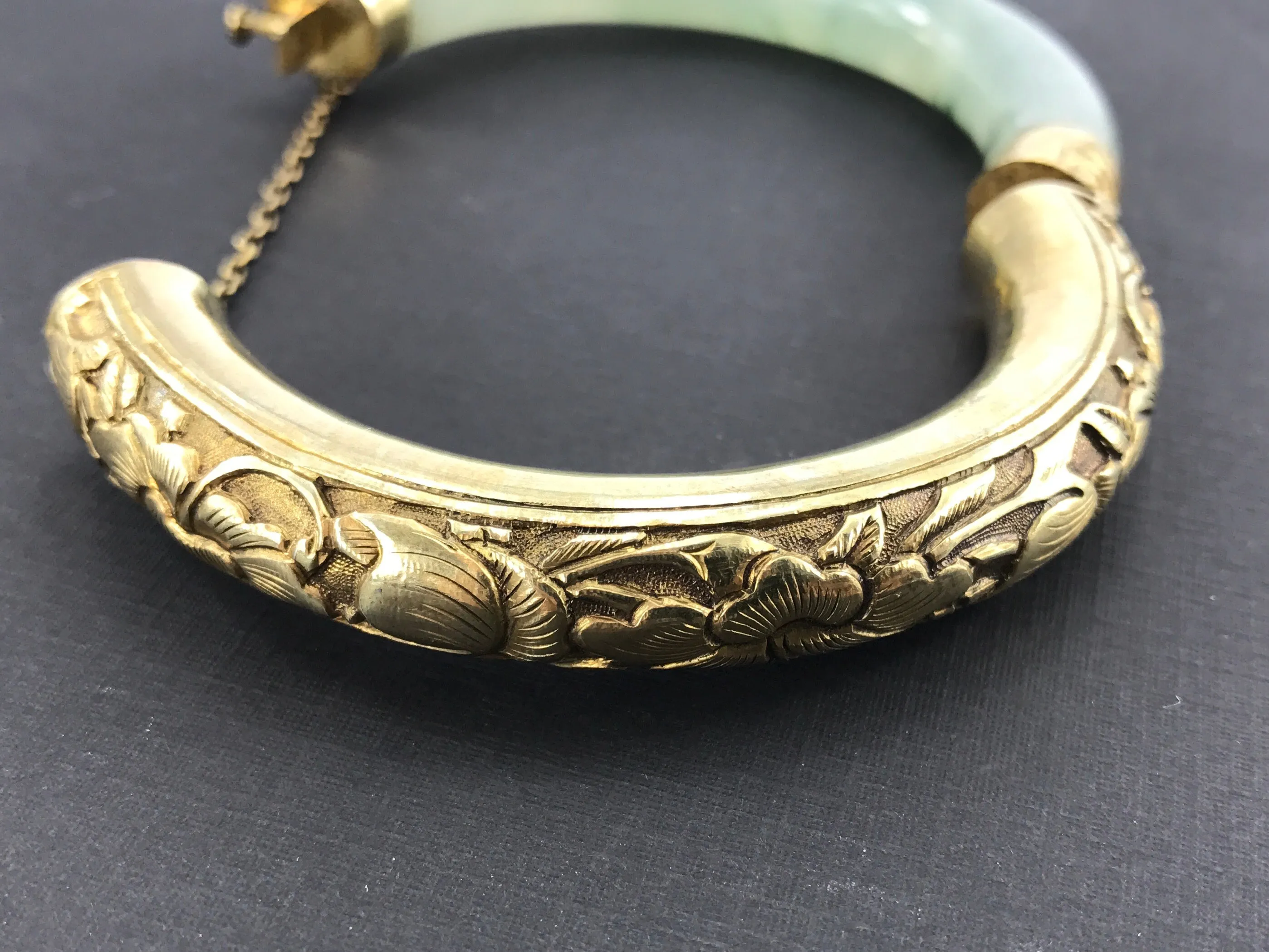 Vintage Gold Washed Silver Icy Moss in Snow Jadeite Jade Chinese Bangle Bracelet