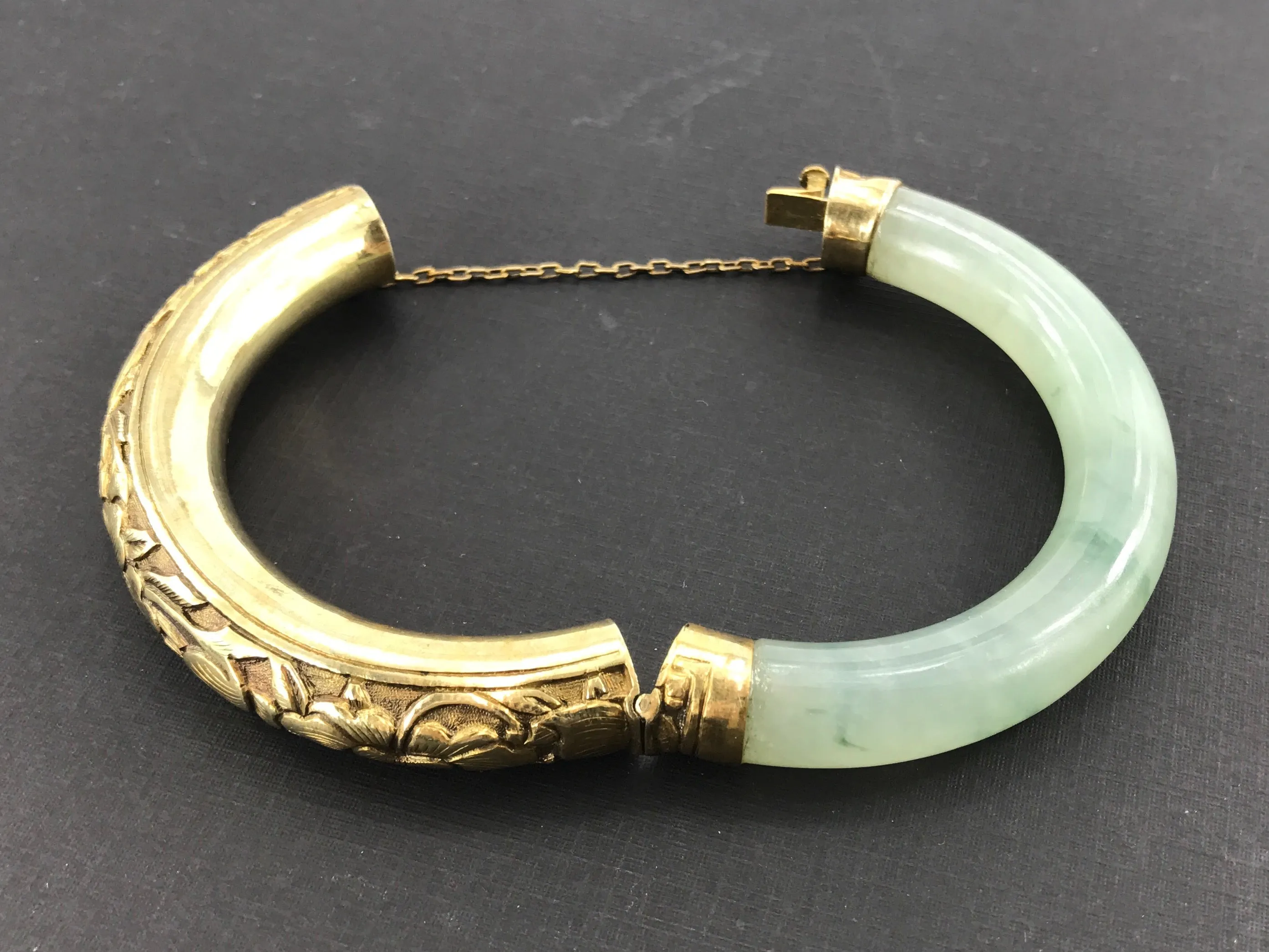 Vintage Gold Washed Silver Icy Moss in Snow Jadeite Jade Chinese Bangle Bracelet