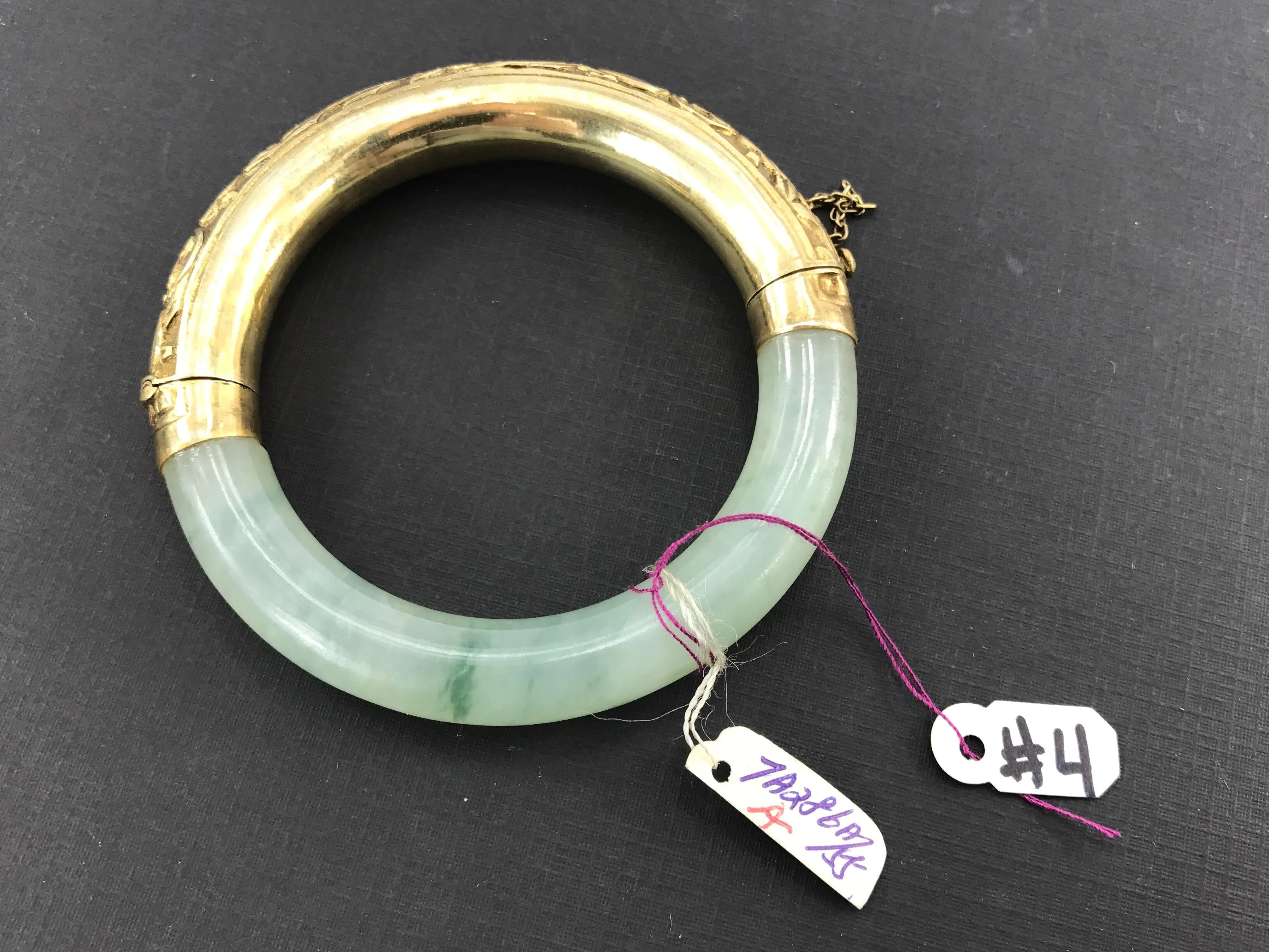 Vintage Gold Washed Silver Icy Moss in Snow Jadeite Jade Chinese Bangle Bracelet