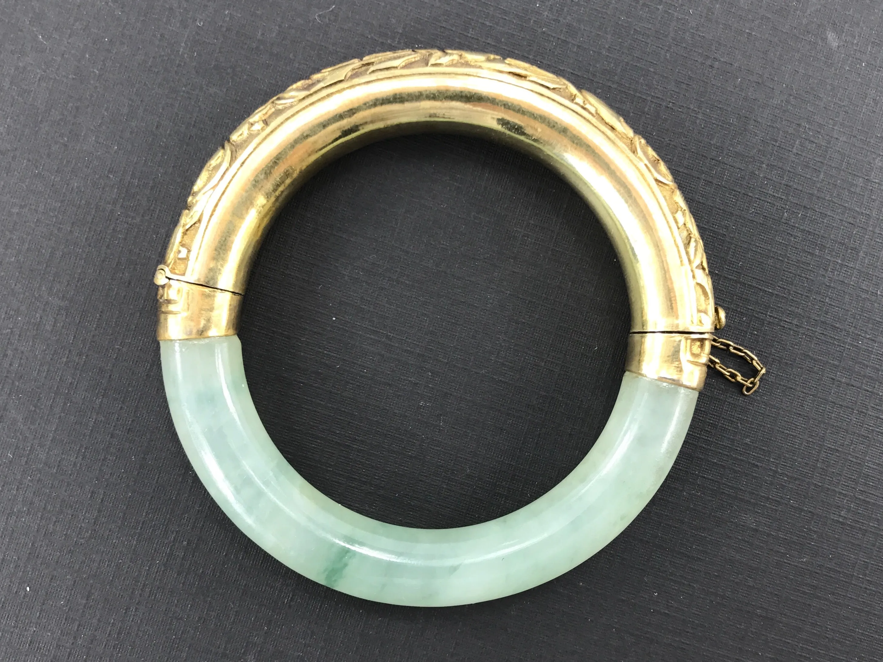 Vintage Gold Washed Silver Icy Moss in Snow Jadeite Jade Chinese Bangle Bracelet